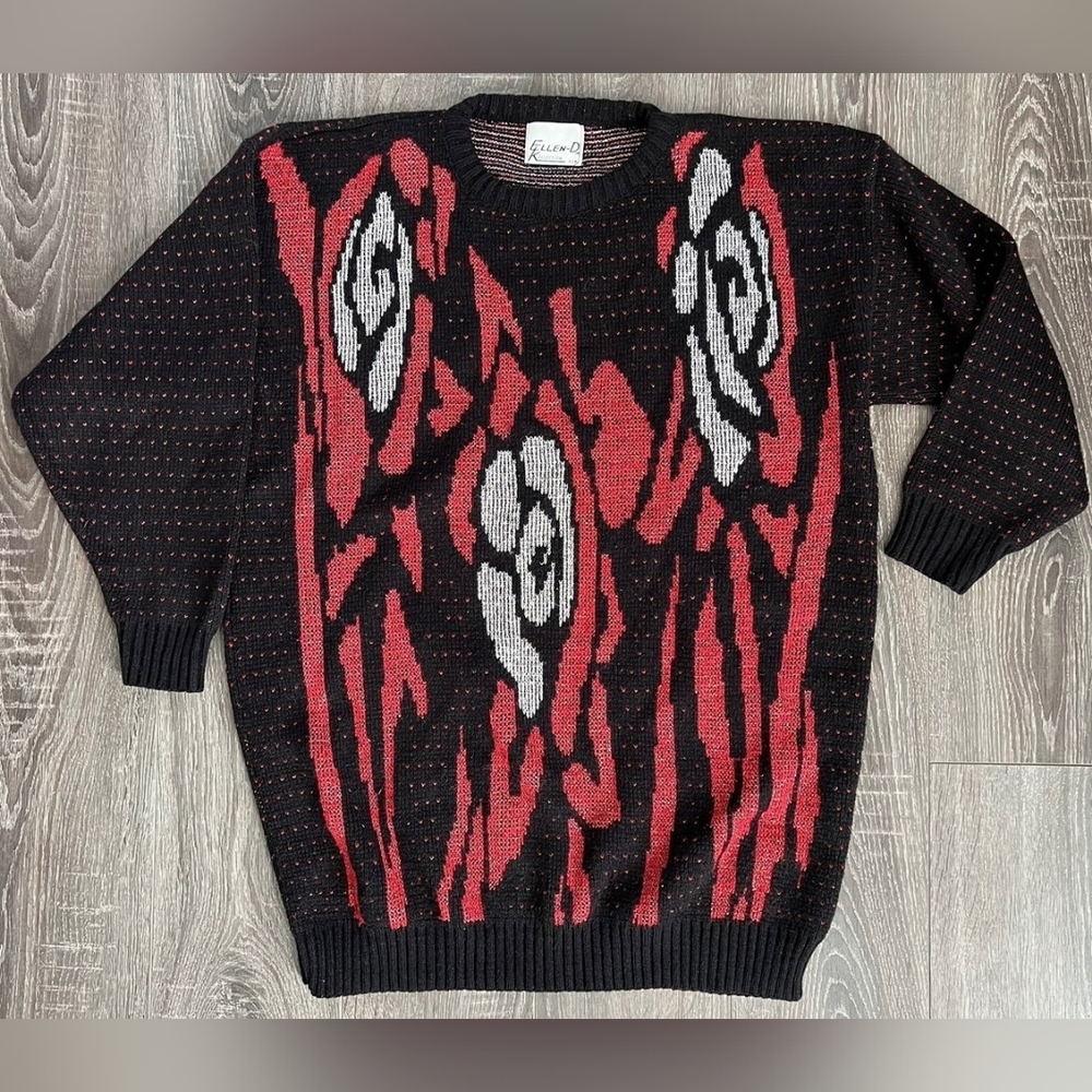 Vintage Retro 1980’s Ellen D. Kollection Black/Red Metallic Graphic Sweater, M!